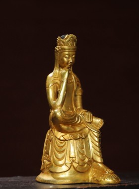 铜器鎏金宝冠自在思维菩萨像藏传睡佛堂仿古家居供奉桌面装饰摆件