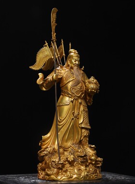 纯黄铜鎏金关公武财神关羽关二爷九龙关公令旗拖宝聚宝盆关公摆件