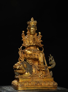大号文殊菩萨纯黄铜器鎏金家居用佛堂供奉装饰工艺品桌面复古摆件