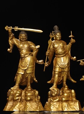 四大天王纯黄铜器雕鎏金摆件家居佛堂供奉装饰工艺品桌面复古摆件