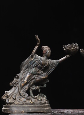 敦煌仙女烛台纯铜复古莲花酥油灯座佛前供灯架长明灯供佛灯飞天蜡