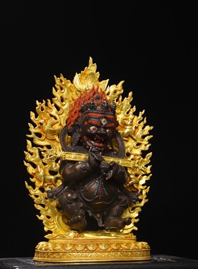 大黑天财神像黄铜鎏金描彩二臂玛哈嘎拉居家佛堂供奉香案用品摆件