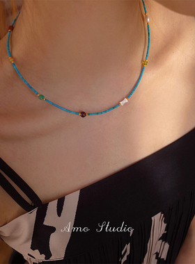 AMO绿松石珍珠项链女小众中式