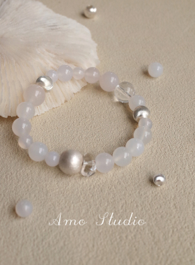 AMO白玉髓水晶串珠银手串ins显白