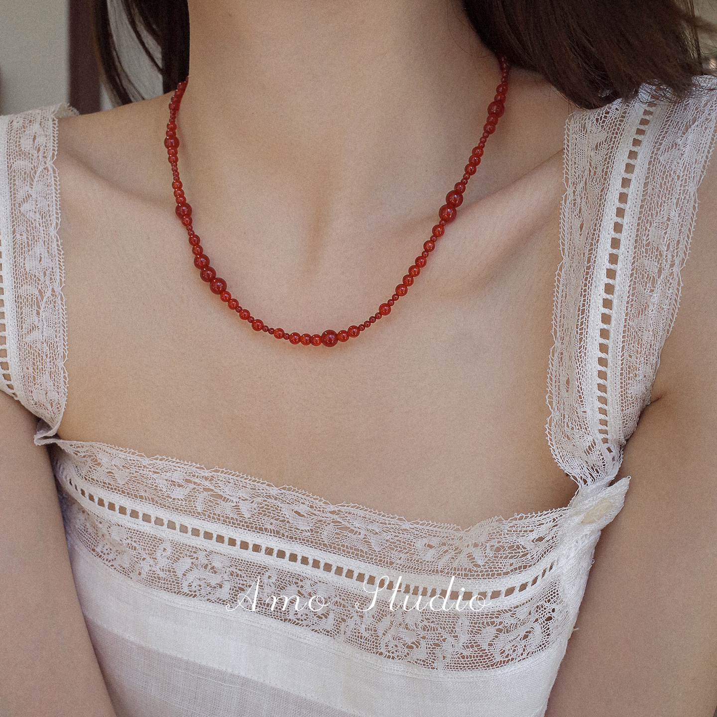AMO天然红玛瑙串珠项链复古气质人造珍珠锁骨链女超显白颈链 - 图2