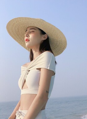 超大帽檐平顶麦秆草帽欧美女夏天