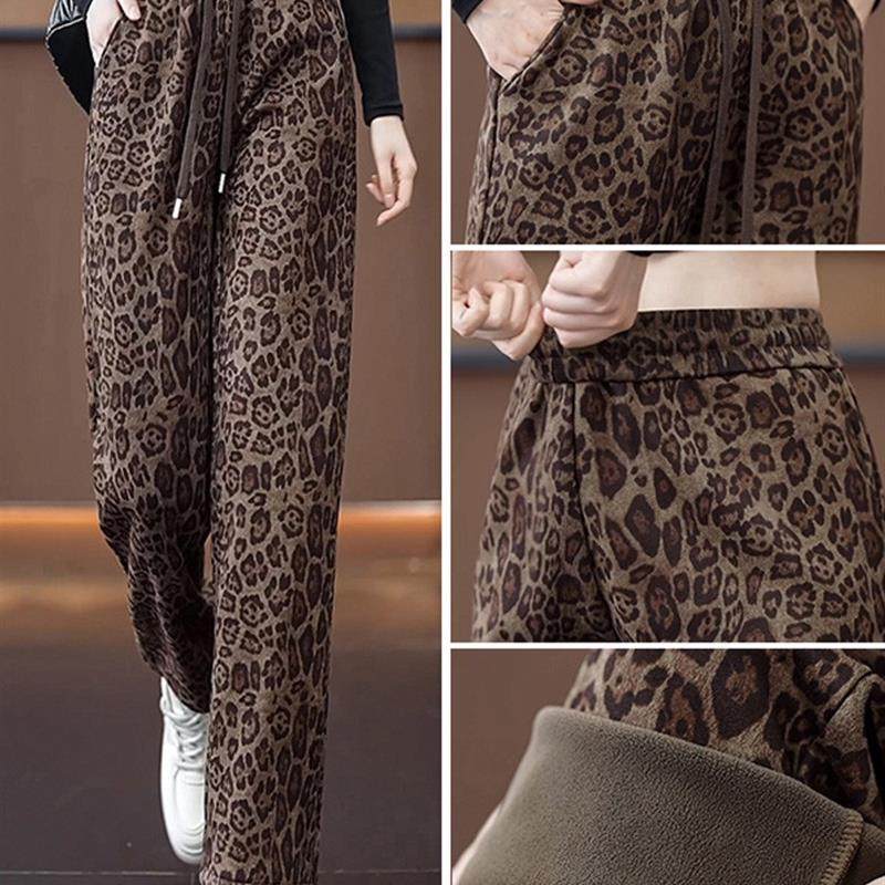 2025新款豹纹休闲卫裤阔腿女裤秋冬款加绒加厚抽绳松紧腰直筒裤子,淘宝优惠券,粉丝福利购,淘宝优惠卷