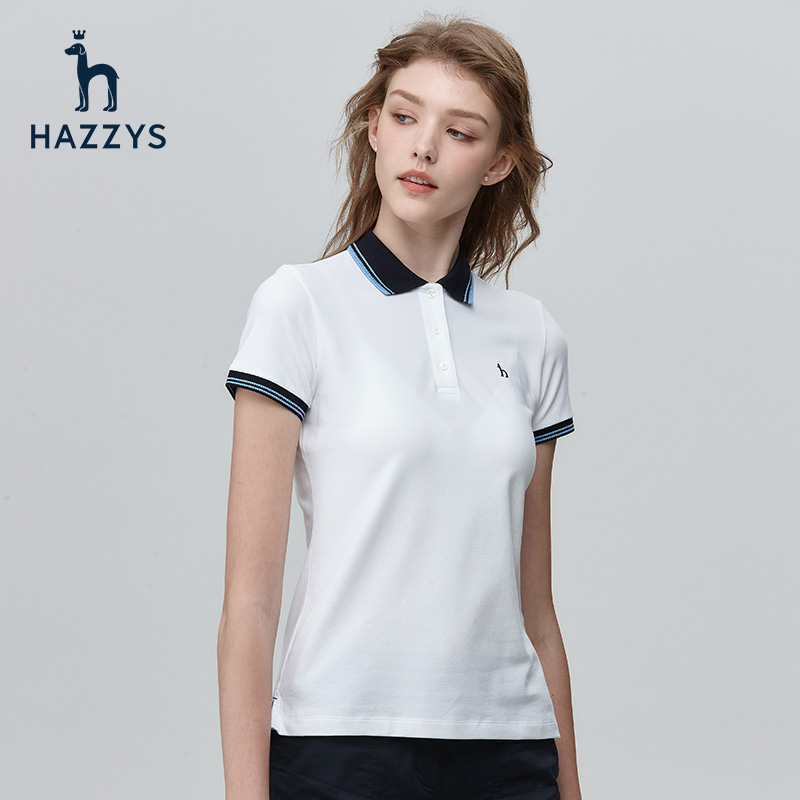 哈吉斯hazzys短袖T恤女士夏季新款撞色领POLO衫修身运动休闲体恤-图0