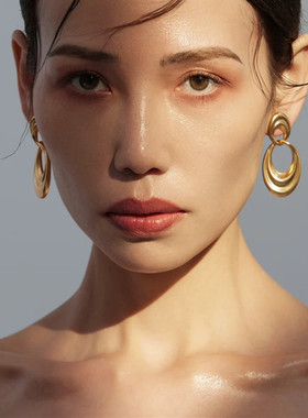 复古港风素金双圈耳环女小众设计感哑金色纹理耳坠时尚耳钉耳饰潮