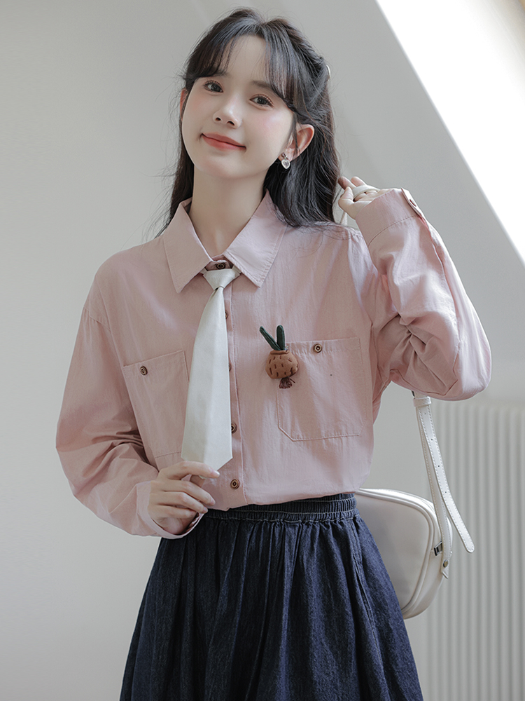 学院风长袖衬衫少女春秋2024新款初中高中学生甜美百搭领带衬衣服