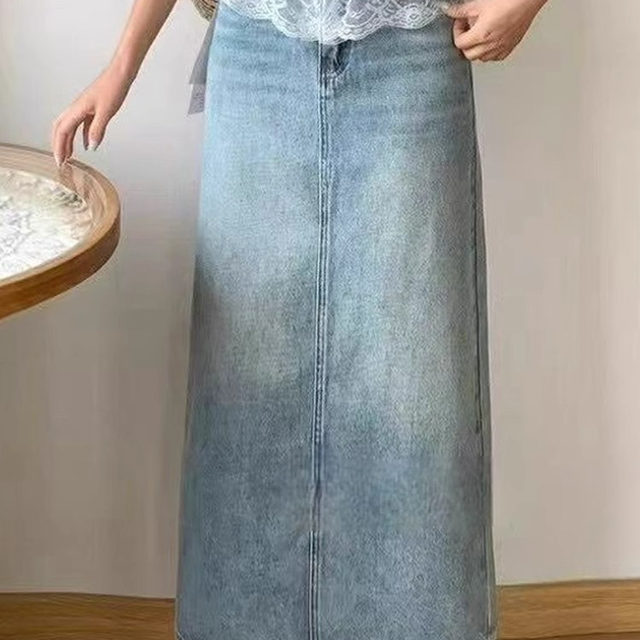 French style slim and versatile denim long skirt summer lace splicing retro washed distressed workwear A-line skirt