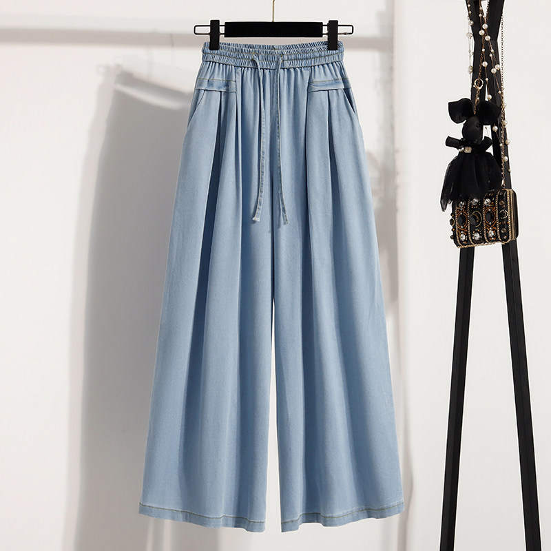 实拍牛仔天丝裤女高腰夏季新款胖mm大码宽松显瘦九分阔腿裤子女,淘宝优惠券,粉丝福利购,淘宝优惠卷