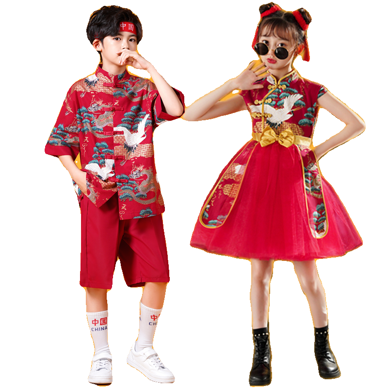 红色旗袍女童夏季2024新款儿童新中式连衣裙女孩中国风走秀演出服 - 图3