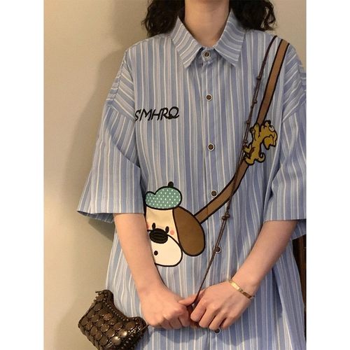 Naga自制夏美式复古宽松潮牌趣味卡通日系竖条纹短袖衬衫上衣男女 - 图1