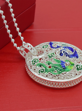 999纯银足银打造景泰蓝龙凤吊坠圆珠毛衣链凤凰银饰项链送礼物