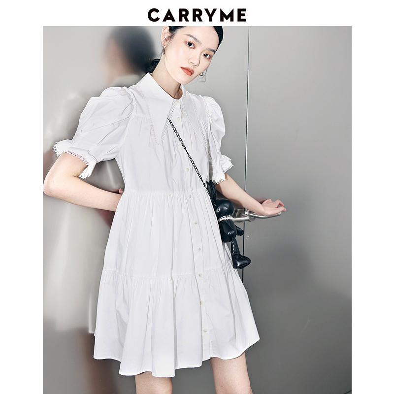 CARRY ME/嘉蜜衬衫式白连衣裙23夏新款时髦高腰灯笼袖减龄兔子包 - 图1