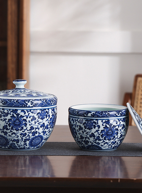 帛画景德镇青花缠枝莲带盖茶缸醒茶罐陶瓷储物罐仿古中式陶瓷摆件