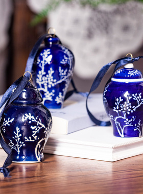 景德镇青花吊坠陶瓷小将军罐圣诞树装饰陶瓷装饰挂件花瓶小物件