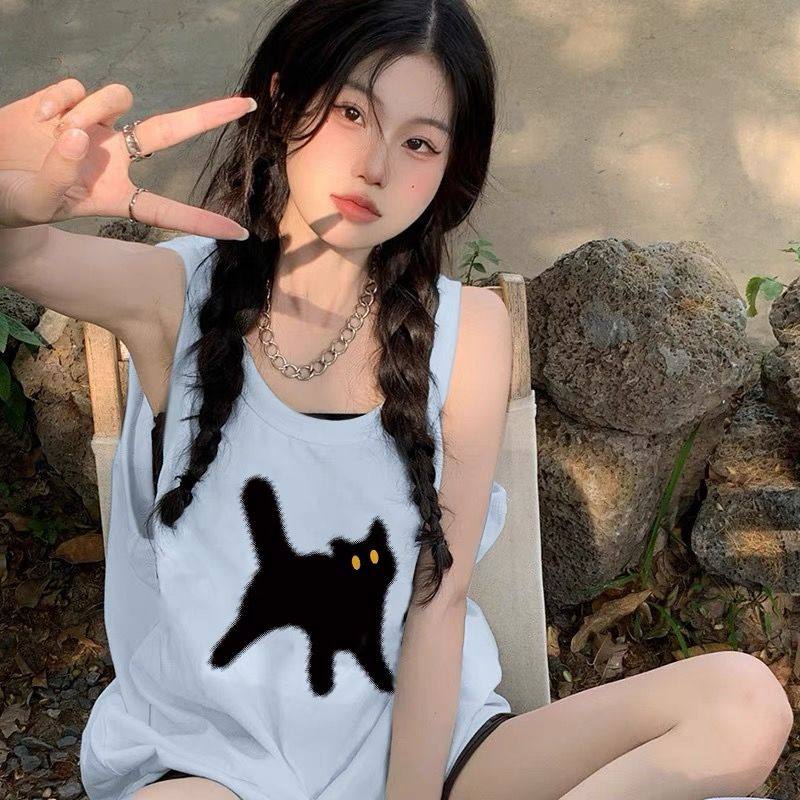 蓝色夏季欧货背心女内搭宽松外穿猫咪印花纯棉吊带大码无袖短t恤,淘宝优惠券,粉丝福利购,淘宝优惠卷