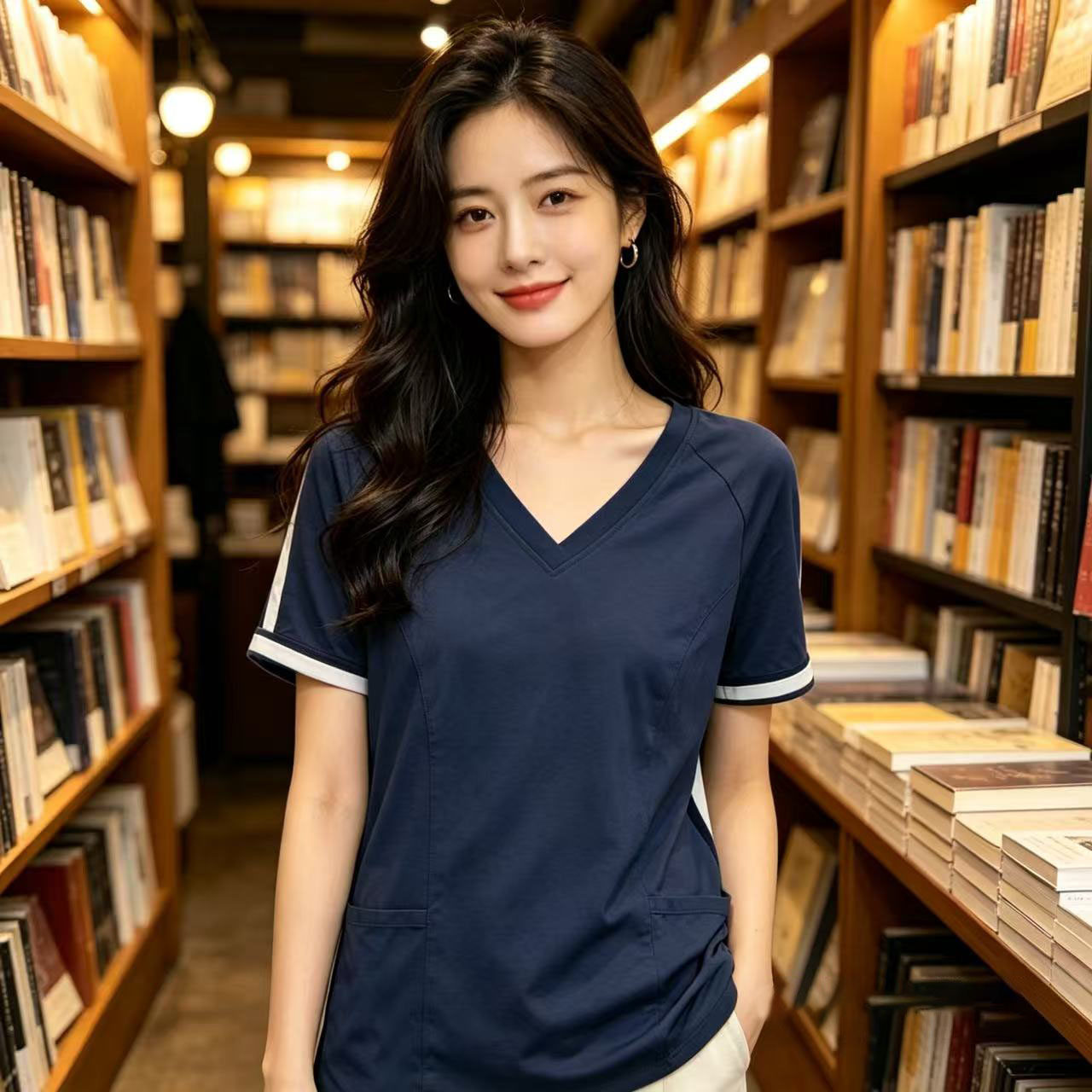 女士短袖上衣V领透气抗皱宽松透气弹力舒适款休闲T恤舒适百搭休闲