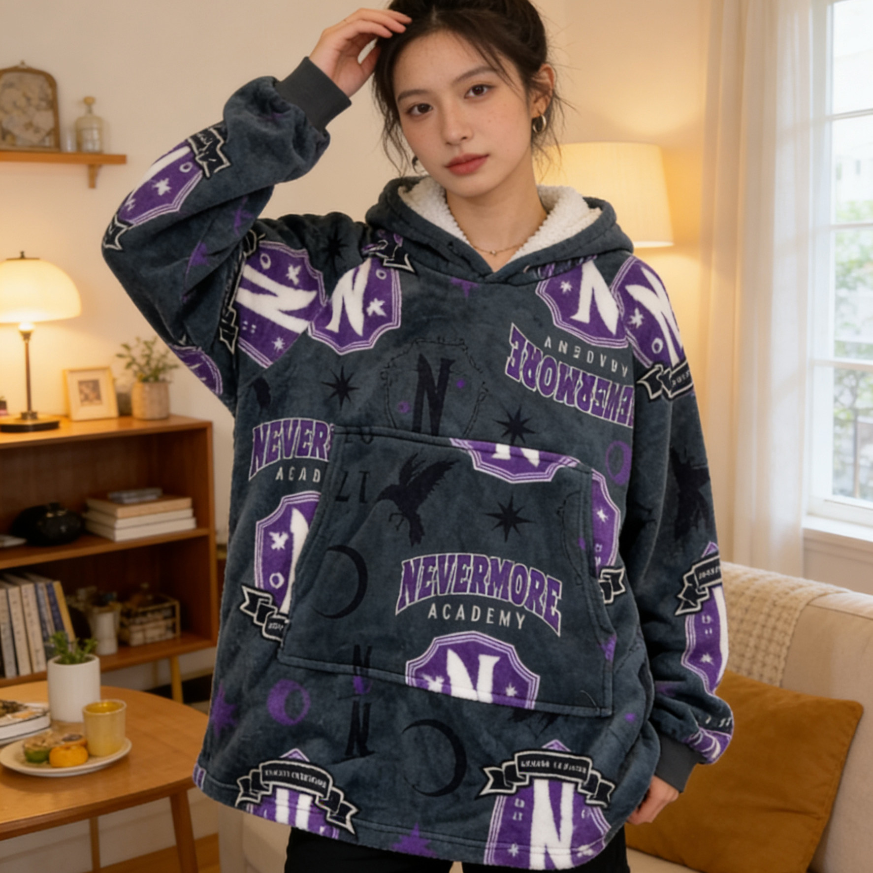 创宙 学院风情侣连帽卫衣男女同款加厚字母印花可外穿家居服睡衣