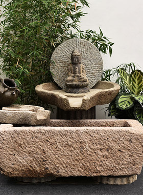 庭院老石槽流水摆件鱼缸组合石缸