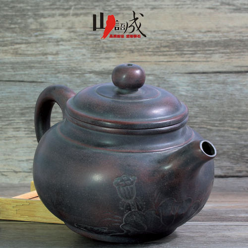 广西钦州坭兴陶茶壶 手工圆仿古浮雕荷花鱼 泡茶壶 - 图3