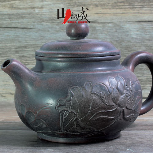 广西钦州坭兴陶茶壶 手工圆仿古浮雕荷花鱼 泡茶壶 - 图2
