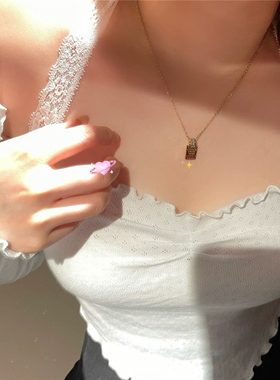 少女CEO情书项链刻字方块碎钻镶嵌吊坠温柔钛钢项链锁骨链韩系