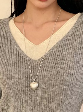 少女CEO银白色拉丝爱心珍珠叠戴项链女轻奢小众高级感锁骨链