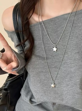 少女CEO韩系双层叠戴五角星小众钛钢简约气质毛衣链长链简约百搭