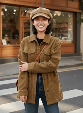 韩版纯色灯芯绒帽秋冬百搭八角帽