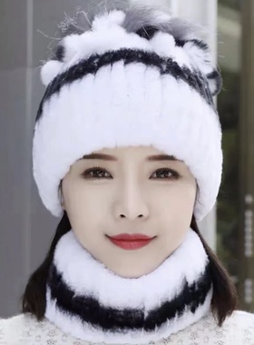 女款獭兔毛车条狐狸花加厚保暖中老年保暖帽子