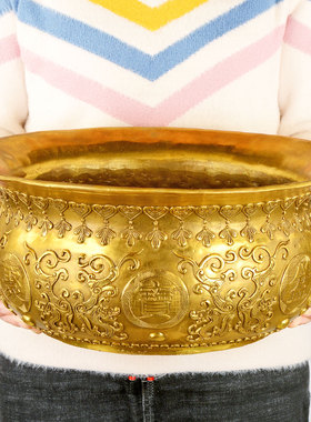 速发饰聚宝盆摆件双开聚宝盆黄铜米缸家用客厅玄关装铜工艺龙业礼