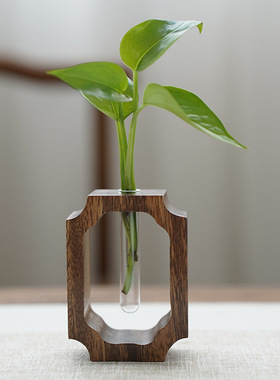 免打孔壁挂花器胡桃木水培插花器中式玻璃装饰艺术花瓶摆件中古风