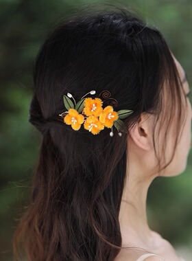 汉服仿绒花手工秋季丸子头古风