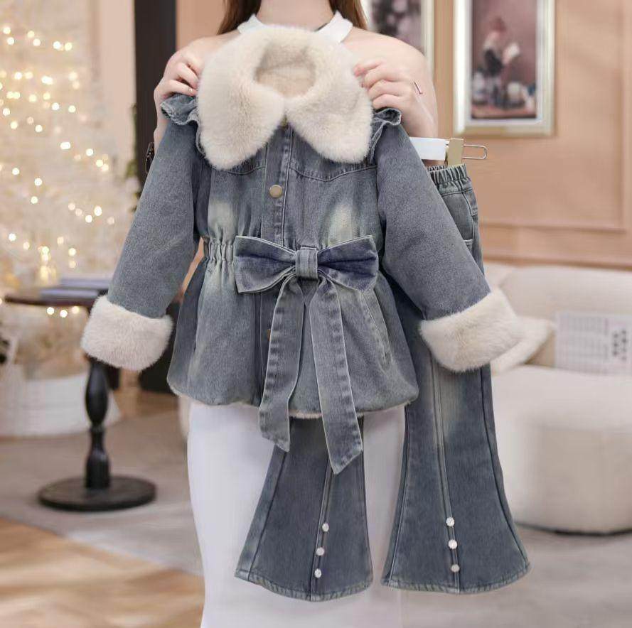 女童冬季洋气牛仔套装韩版蝴蝶结加绒加厚翻领牛仔上衣裤子两件套,淘宝优惠券,粉丝福利购,淘宝优惠卷