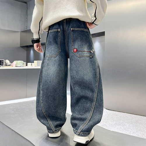 男童牛仔裤春装洋气儿童中大童男孩宽松青少年痞帅风弯刀休闲长裤 - 图0
