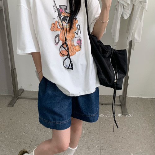 奶思家NICE STUDIO-上新韩版休闲加菲猫印花宽松大版短袖T恤L8871 - 图2