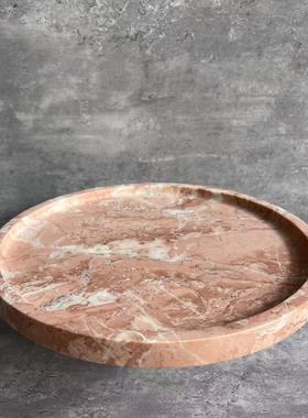 天然粉红大理石奢石带脚圆托盘宝格丽粉设计师款会所私宅