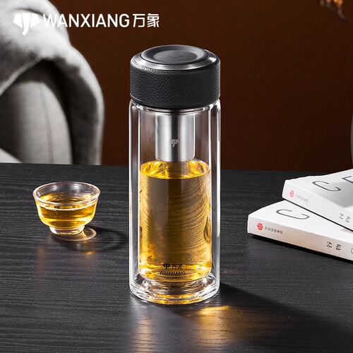 万象双层玻璃杯男士高档便携水杯隔热车载泡茶大容量家用透明杯子 - 图0