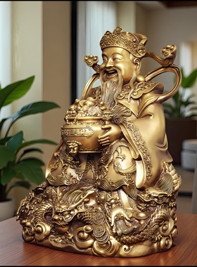 黄铜九龙献宝财神爷摆件家用供奉神像招财文财神客厅店铺开业乔迁