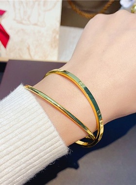 18k镀黄金色四叶草双环手镯女环环相扣日字手环高级感素圈金镯子