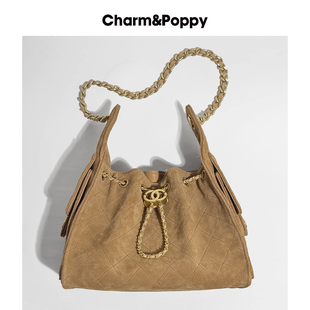 CHARMPOPPY 抽绳菱格链条腋下包女25C磨砂皮Hobo包通勤单肩托特包,淘宝优惠券,粉丝福利购,淘宝优惠卷