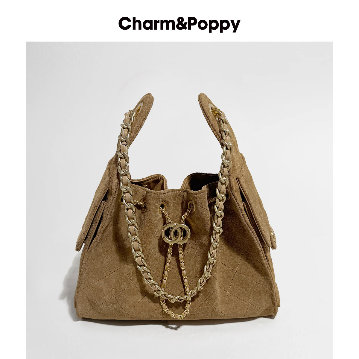 CHARMPOPPY 抽绳菱格链条腋下包女25C磨砂皮Hobo包通勤单肩托特包,淘宝优惠券,粉丝福利购,淘宝优惠卷