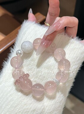 天然星光粉水晶手串女白水晶蝴蝶结设计芙蓉石新中式手链旺桃花