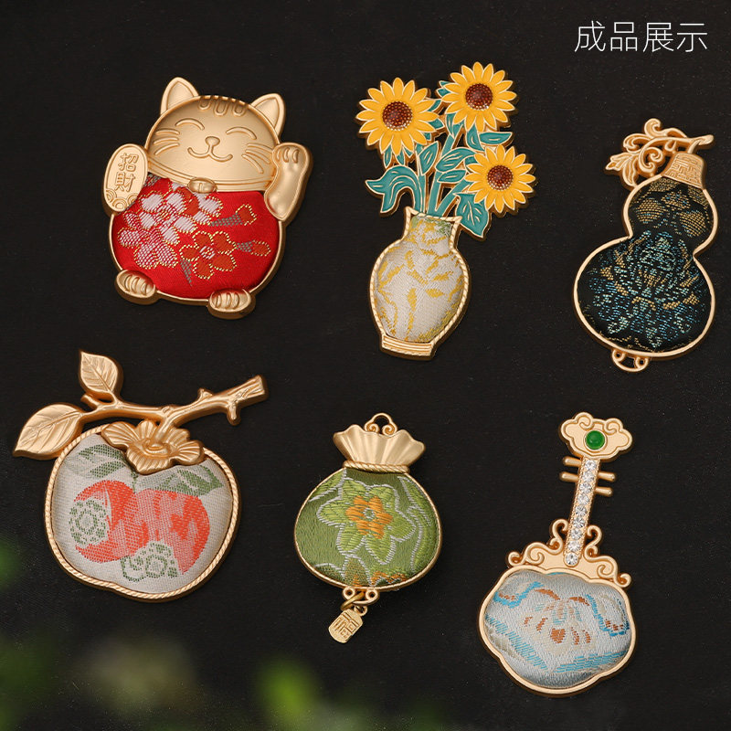 复古中国风动物花卉冰箱贴宋锦贴布带盖底胚DIY饰品配件手工材料,淘宝优惠券,粉丝福利购,淘宝优惠卷