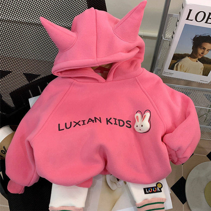 女童连帽加绒卫衣套装秋冬装新款女宝宝洋气保暖上衣打底裤两件套,淘宝优惠券,粉丝福利购,淘宝优惠卷