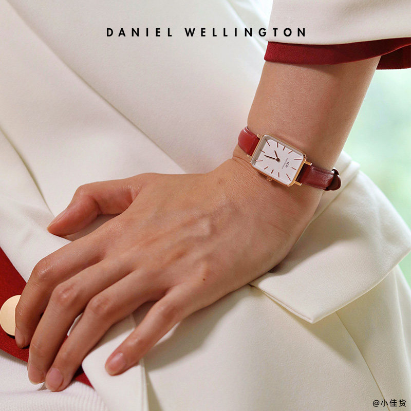 dw简约红色皮质石英女表女小方表 DanielWellington海外欧美腕表