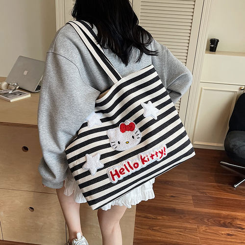 条纹大容量帆布包女2026新款可爱卡通托特包手提单肩购物袋通勤包 - 图0